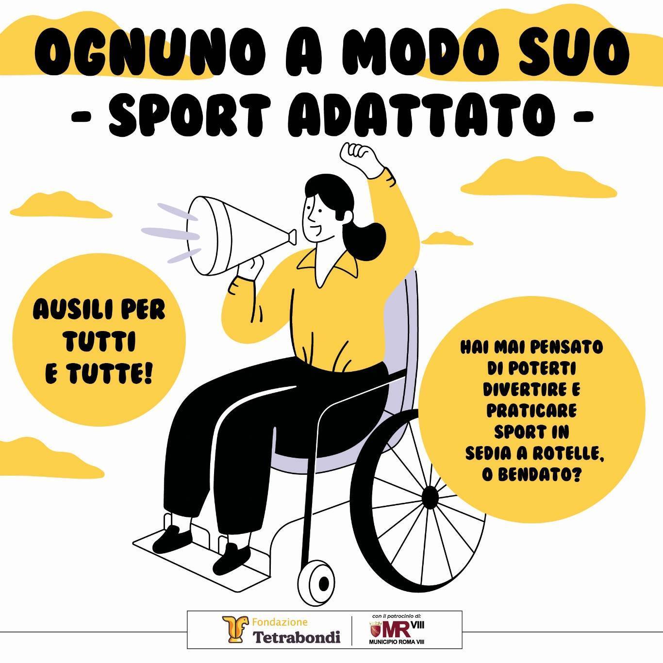 locandina evento sport adattato. Illustrazione di donna in carrozzina con megafono e pugno chiuso