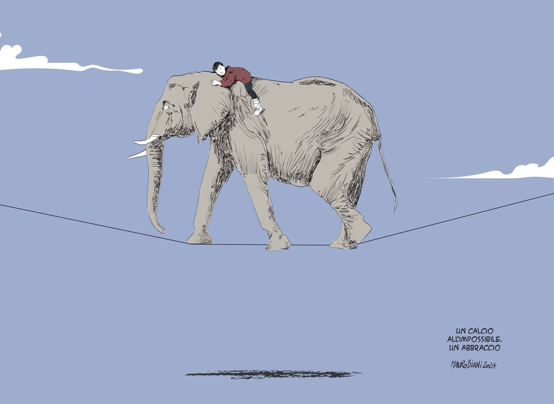 Opera di Mauro Biani per il Tetra-ink, che rappresenta un elefante che cammina sospeso su un filo con un bambino in groppa