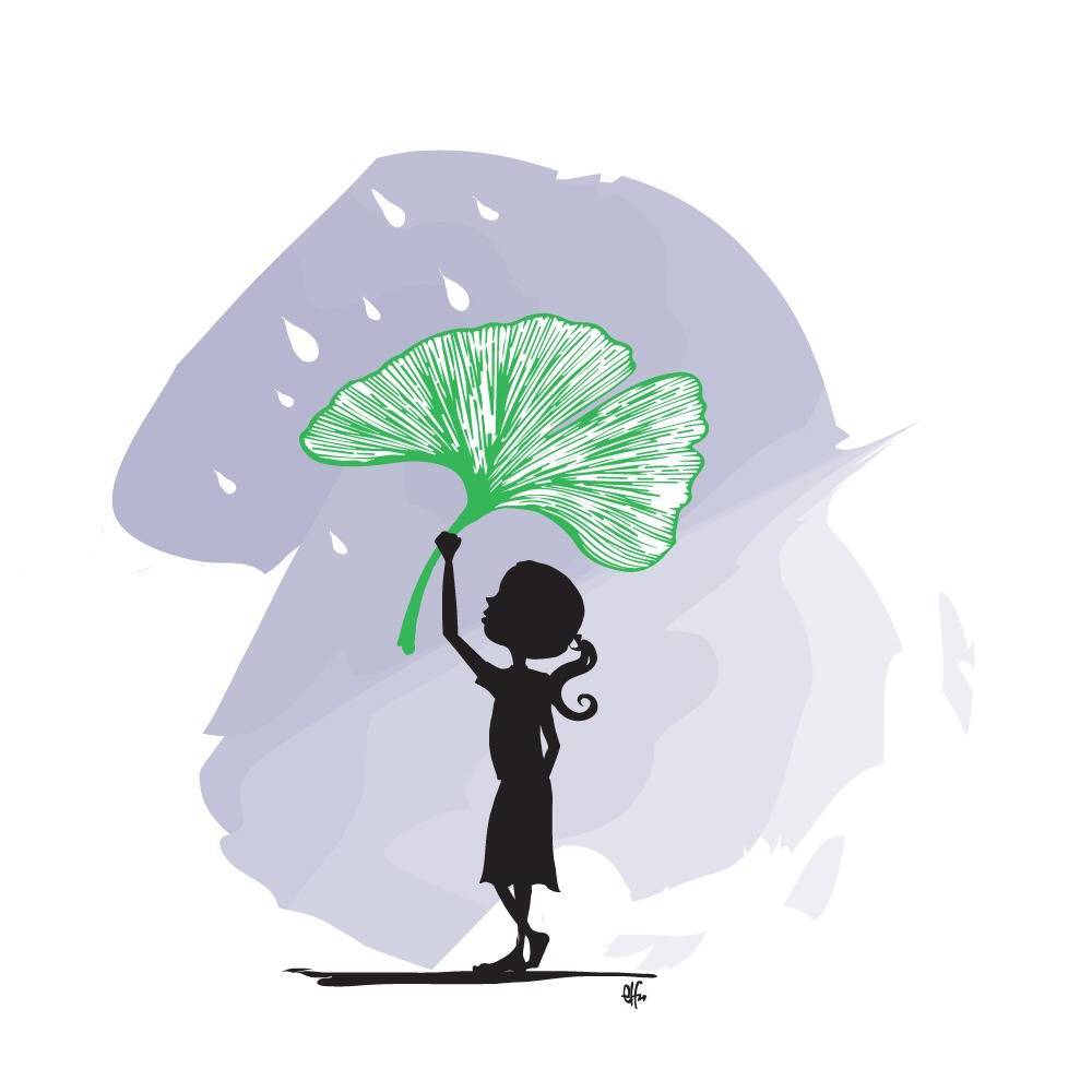 illustrazione di una bambina che si copre dalla pioggia con una foglia grande